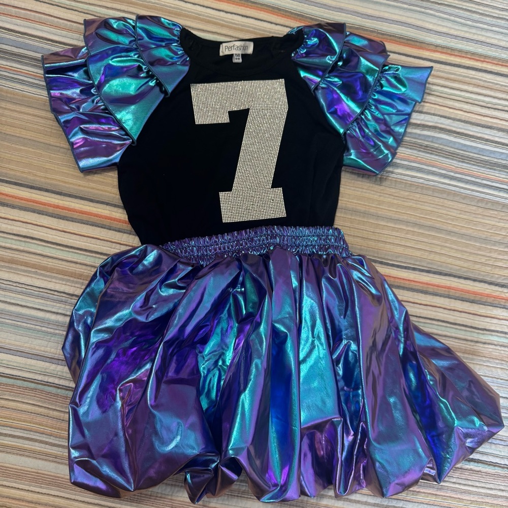 Girls 7th Birthday Metallic Iridescent Blue-Purple Ruffle Shirt Bubble Skort